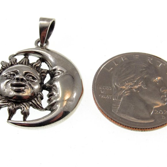 Solid 925 Sterling Silver Sun and Crescent Moon Faces Pendant, Cosmic Amulet - Picture 5 of 8